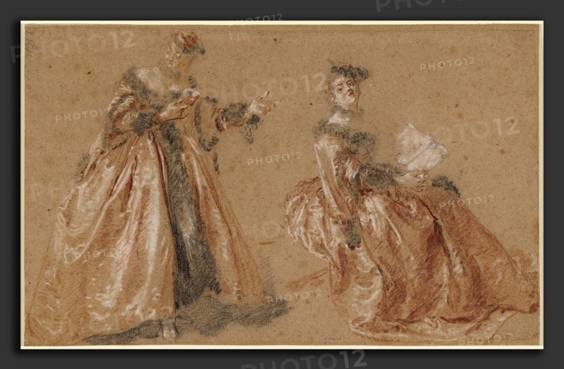 Nicolas Lancret, Two Elegant Women in Polish Dress, French, 1690 - 1743, c. 1723, red, black, and white chalk on light brown paper