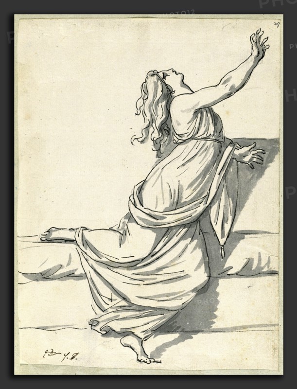 Jacques-Louis David, A Distraught Woman with Her Head Thrown Back, French, 1748 - 1825, 1775-80, pen and black ink with gray wash over black chalk on laid paper