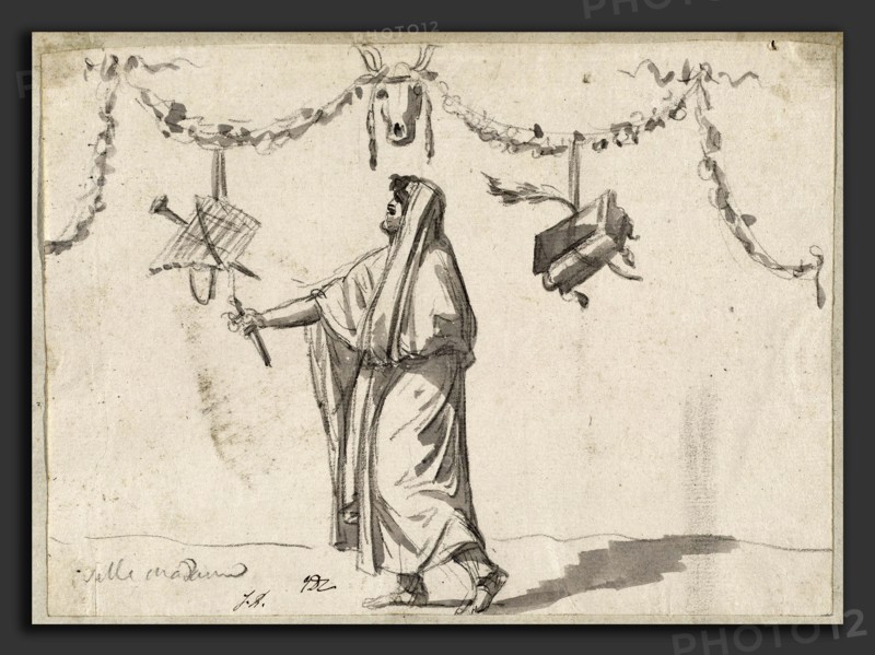 Jacques-Louis David, Ornament with a Bearded Man in Ancient Dress, French, 1748 - 1825, 1775-80, graphite and gray wash on laid paper
