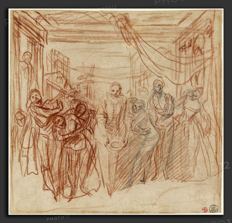 Antoine Watteau, Italian Comedians Taking Their Bows, French, 1684 - 1721, c. 1718, red chalk and graphite on cream laid paper