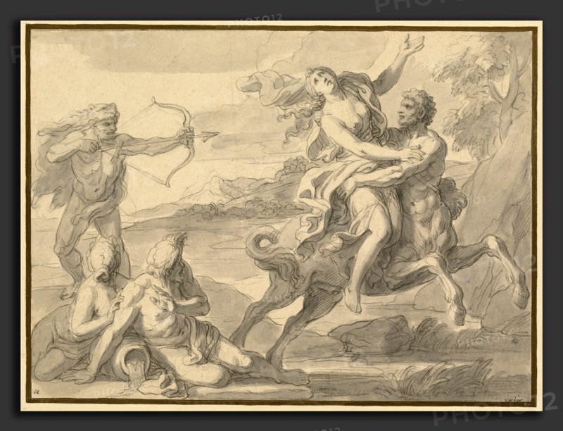 FranÃ§ois Verdier, The Rape of Deianira, French, 1651 - 1730, late 1670s?, black chalk with gray wash on laid paper, mounted on album sheet