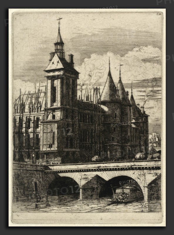 Charles Meryon, La Tour de l'Horloge, Paris (The Clock Tower, Paris), French, 1821 - 1868, 1852, etching on green paper
