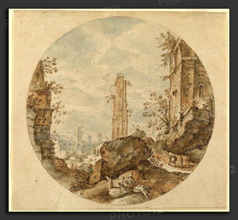 Pieter Stevens, Travellers among Roman Ruins, Flemish, c. 1567 - 1624 or after, pen and brown ink with red-brown and blue wash, incised for transfer