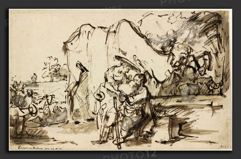 Rembrandt van Rijn (Dutch, 1606 - 1669), Eliezer and Rebecca at the Well, 1640s, reed pen and brown ink with brown wash and white gouache