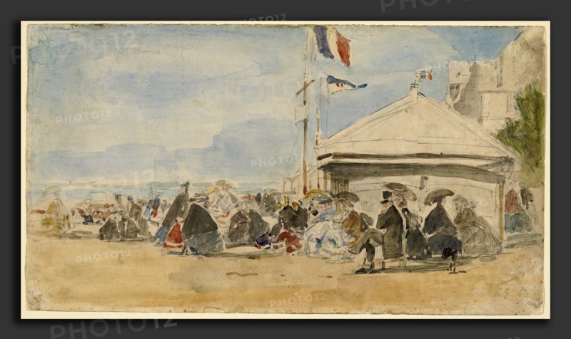 EugÃ¨ne Boudin, Beach House with Flags at Trouville, French, 1824 - 1898, c. 1865, watercolor over graphite
