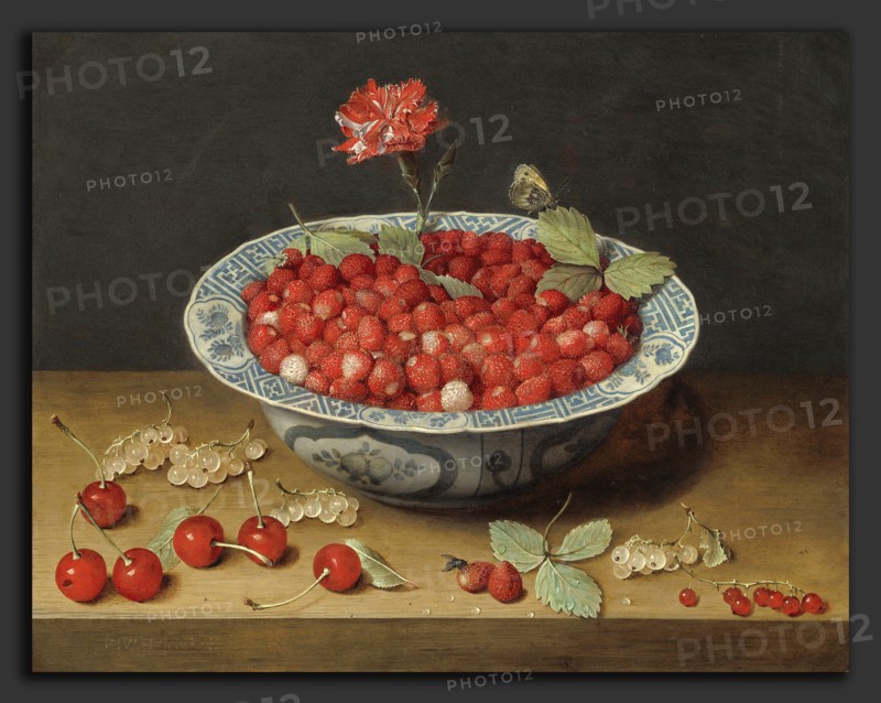 Jacob van Hulsdonck (Flemish, 1582 - 1647), Wild Strawberries and a Carnation in a Wan-Li Bowl, c. 1620, oil on copper