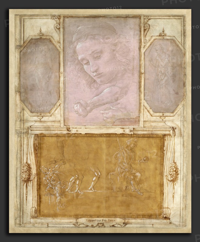 Giorgio Vasari with drawings by Filippino Lippi, Botticelli, and Raffaellino del Garbo (Italian, 1466 - 1524), Page from "Libro de' Disegni", Sheets probably 1480-1504; mounting & framework by Vasari after 1524., drawings with decoration in pen and brown ink, brown and gray wash, on light buff paper