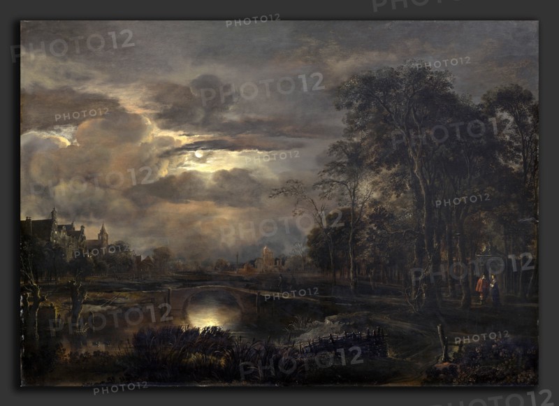 Aert van der Neer (Dutch, 1603-1604 - 1677), Moonlit Landscape with Bridge, probably 1648-1650, oil on panel