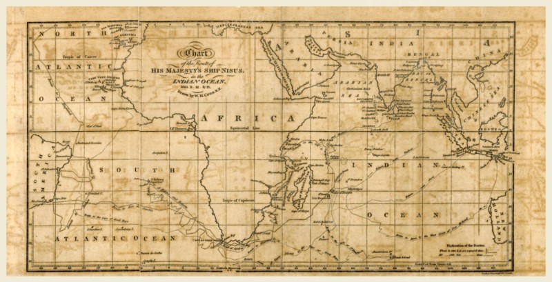 Chart, Map of a voyage along the Eastern Coast of Africa  to St. Helena, to Rio de Janeiro, Bahia, and Pernambuco in Brazil, in the Nisus Frigate