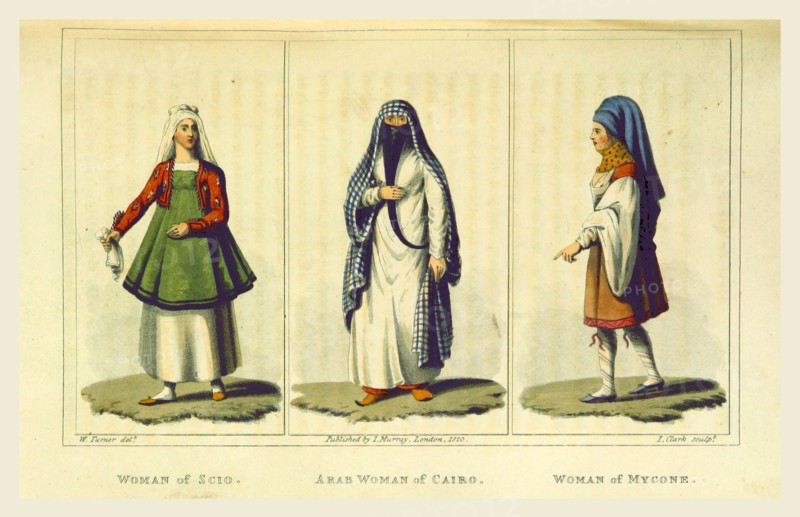 Journal of a Tour in the Levant, woman of Scio, of Cairo and a woman of Mycone, engraving 1820