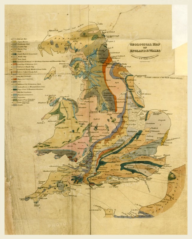 Outlines of the Geology of England and Wales, map, 19th century engraving