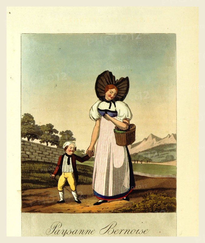 Swiss Costume designed by Reinhardt, Farmer woman from Bern, Paysanne Bernoise, 19th century engraving