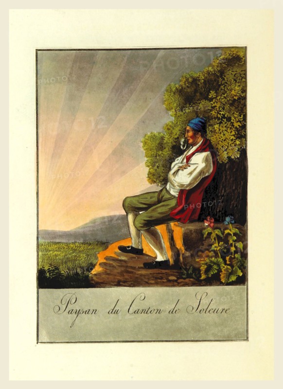 Swiss Costumes, designed by Reinhardt, Paysa of the Canton of Soleuve, Switzerland, 19th century engraving