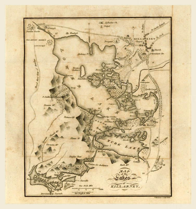 Killarney and the surrounding scenery, map of the lakes, 19th century, County Kerry, southwestern Ireland