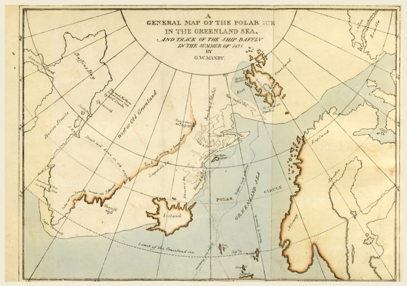 Map of the Polar Ice in the  Greenland Sea, in the year 1821, 19th century engraving