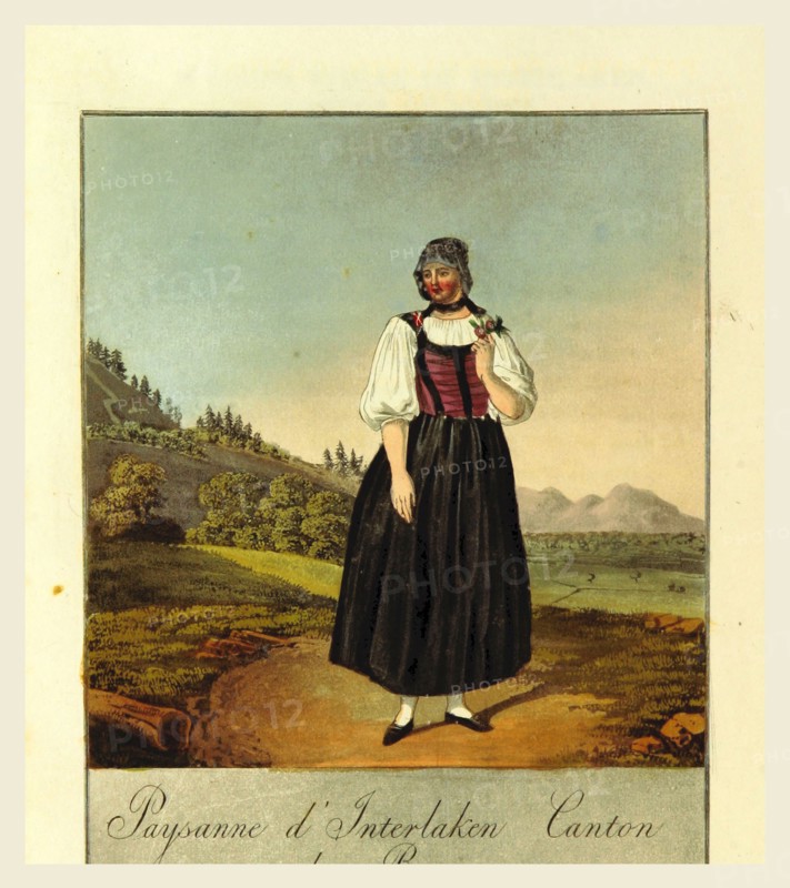 A collection of Swiss Costumes, in miniature, designed by Reinhardt, Interlaken, Switzerland, 19th century engraving, farmer woman