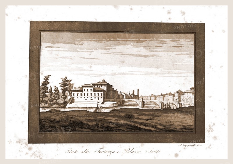 Pisa, acquerello da Angiolo Cappiardi, Ponte alla Fortezza e Palazzo Scotto