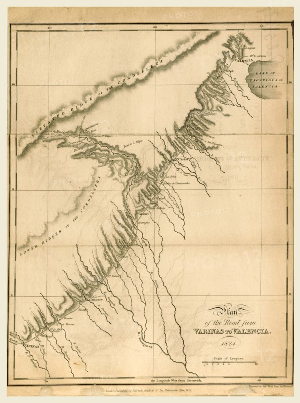 Map of the road from Varinas to Valencia, 1824, Colombia, 19th century engraving