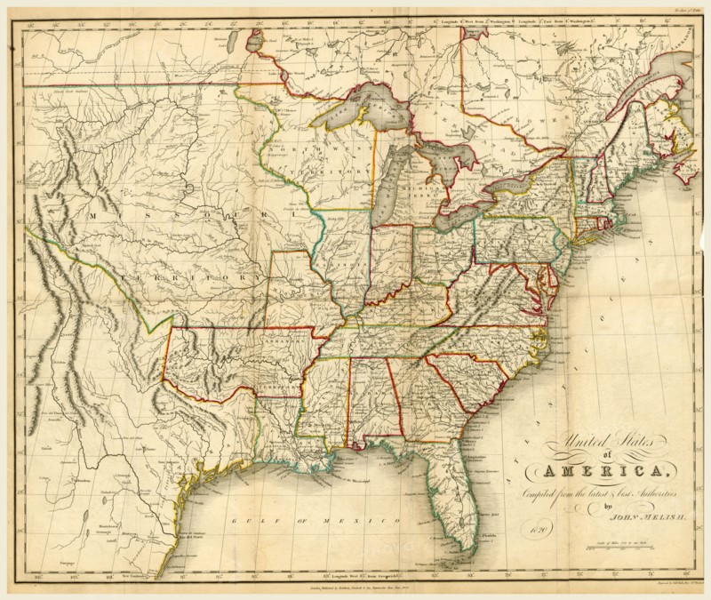 America map 1822-1823, 19th century engraving