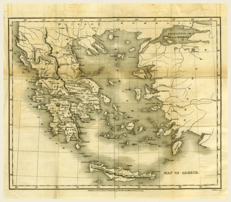 Map of Greece, in 1823 and 1824, 19th century engraving