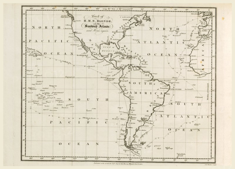 Map, Voyage of H.M.S. Blonde to the Sandwich Islands, in the years 1824-1825. Captain the Right Hon. Lord Byron Commander, 19th century engraving