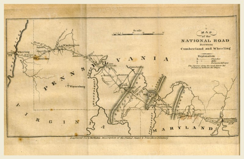 Map of the road between Cumberland and Wheeling, A Geographical Description of the United States with the contiguous British and Spanish Possessions, intended as an accompaniment to Melish's map of these countries, 19th century engraving, US, America
