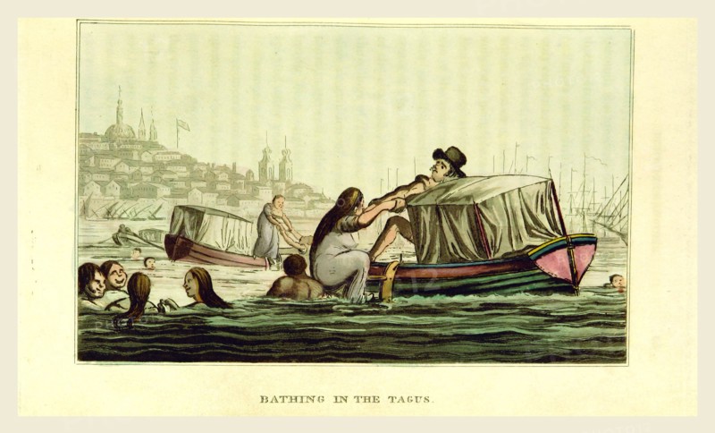 Bathing in the Tagus, Sketches of Portuguese life, manners, costume and character, 19th century engraving, Portugal