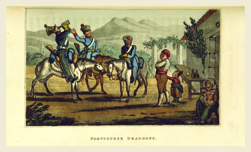 Portuguese Dragoons, Sketches of Portuguese life, manners, costume and character, 19th century engraving, Portugal