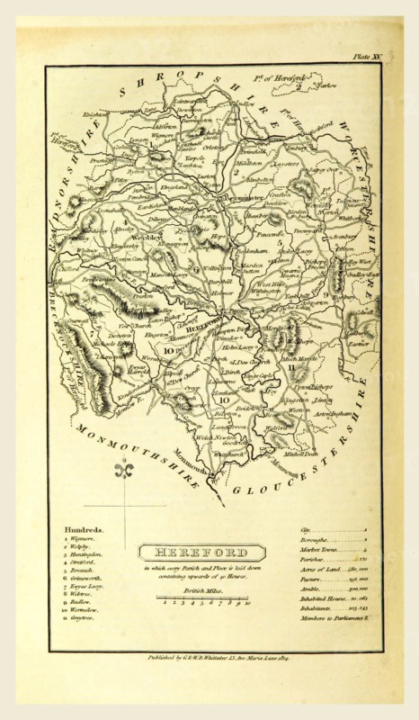 Hereford map, A Topographical Dictionary of the United Kingdom, UK, 19th century engraving