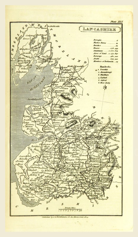 Lancashire map 1824, A Topographical Dictionary of the United Kingdom, UK, 19th century engraving