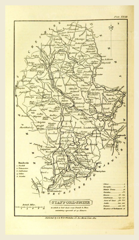 Staffordshire, map 1824, A Topographical Dictionary of the United Kingdom, UK, 19th century engraving