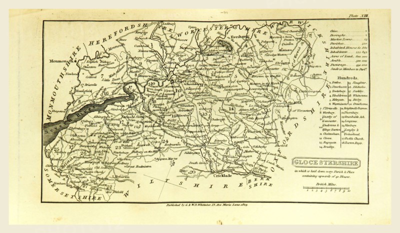 A Topographical Dictionary of the United Kingdom, Glocestershire map, Gloucestershire, UK, 19th century engraving