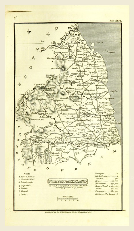 Northumberland map, 1824, UK, 19th century engraving