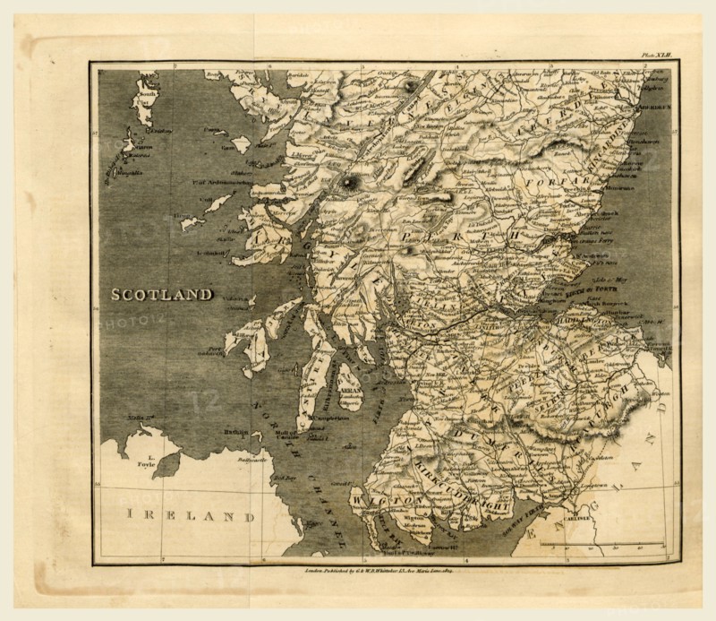 Scotland, map 1824, A Topographical Dictionary of the United Kingdom, 19th century engraving