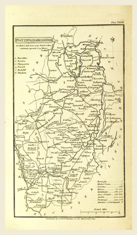 Nottinghamshire, map, A Topographical Dictionary of the United Kingdom, 19th century engraving