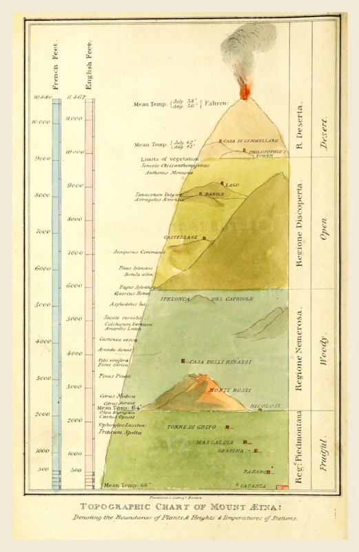 Chart of mount Etna, Sicily, Italy, 19th century engraving