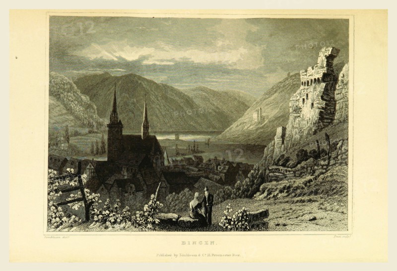 Bingen, Germany, Tombleson's Views of the Rhine, 19th century engraving