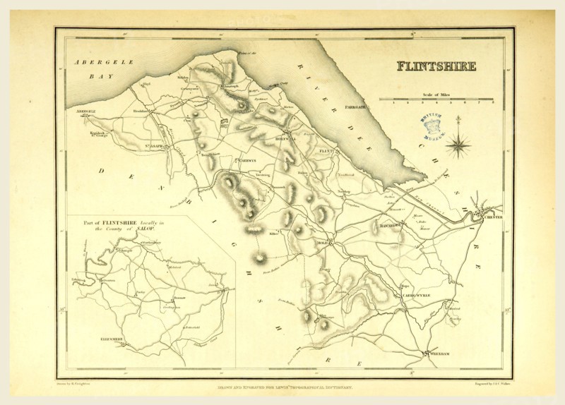 A Topographical Dictionary of Wales, Flintshire, 19th century engraving