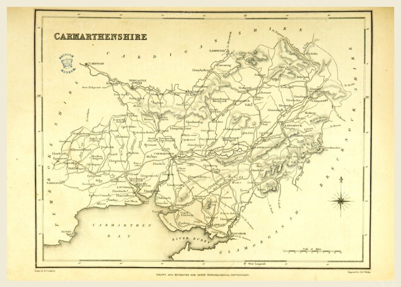 A Topographical Dictionary of Wales, Carmarthenshire, 19th century engraving, UK