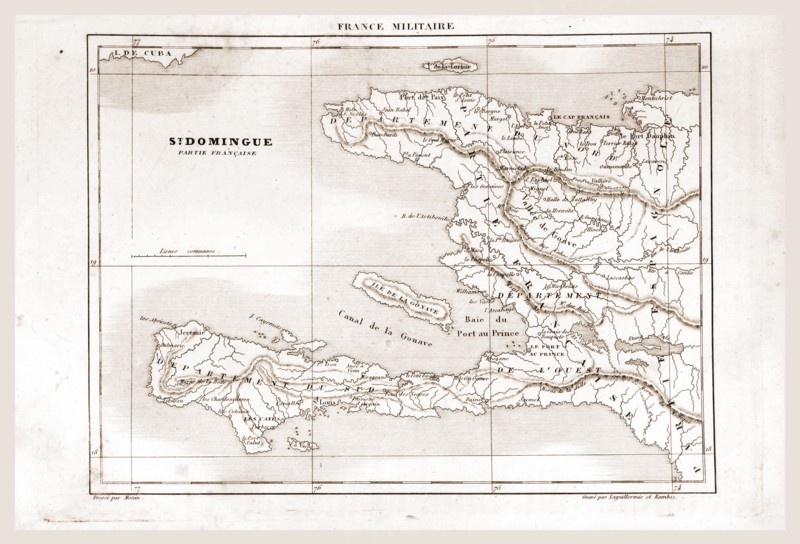 Map, Saint-Domingue was a French colony on the Caribbean island of Hispaniola from 1659 to 1809, 19th century engraving