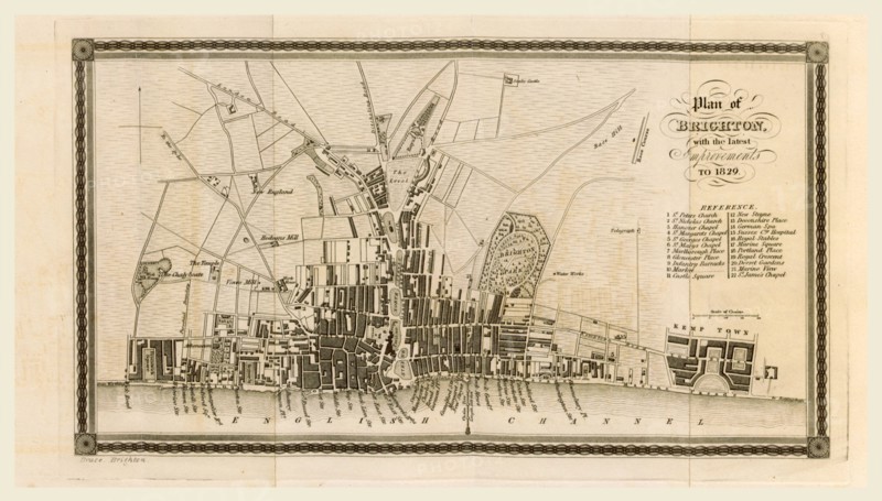 Map, The History of Brighton, with the latest improvements, to 1831, 19th century engraving, UK