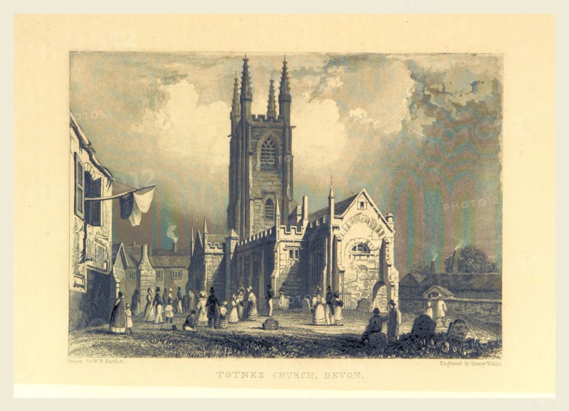 The Picturesque Beauties of Devonshire  A series of  engravings  by T. Bartlett, Totnes Church, Devon, UK