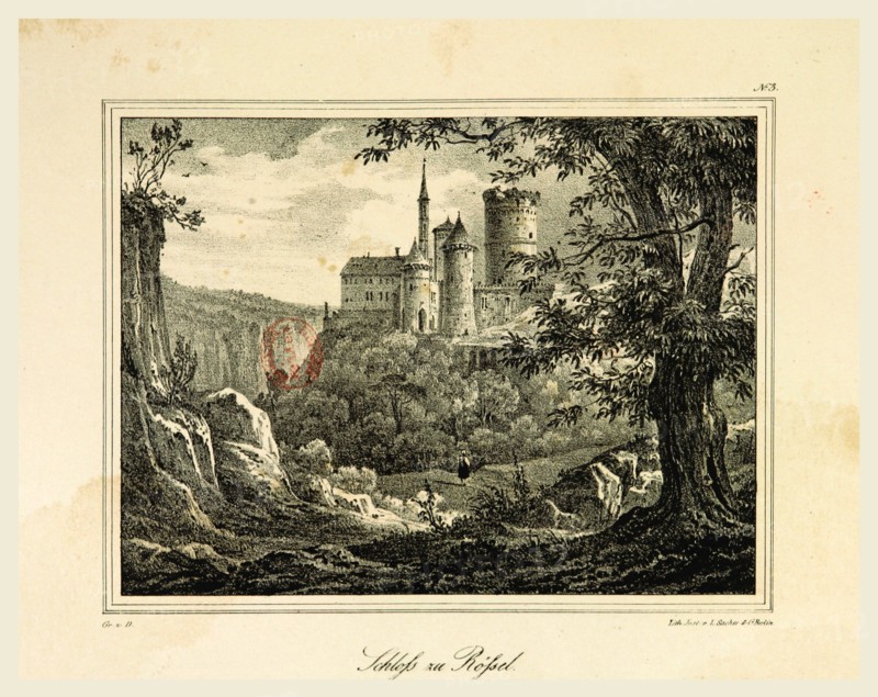 Representations of old Prussian Castles drawn by Countess Dohna, Castle Rofsel, Darstellungen alter preussischer Schlolsser gezeichnet von Frau Grafin zu Dohna, 19th century engraving