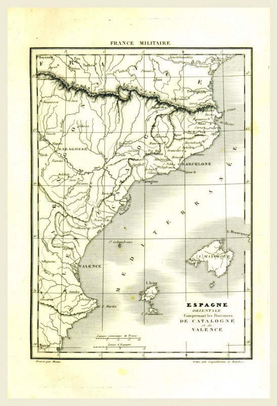 Map, Spain, Catalonia, Valencia, 19th century engraving