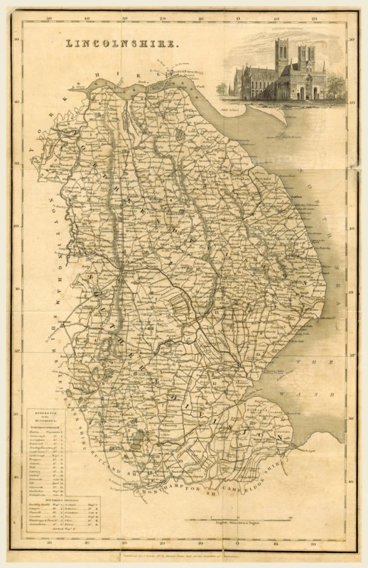 Map Lincolnshire UK, 19th century engraving