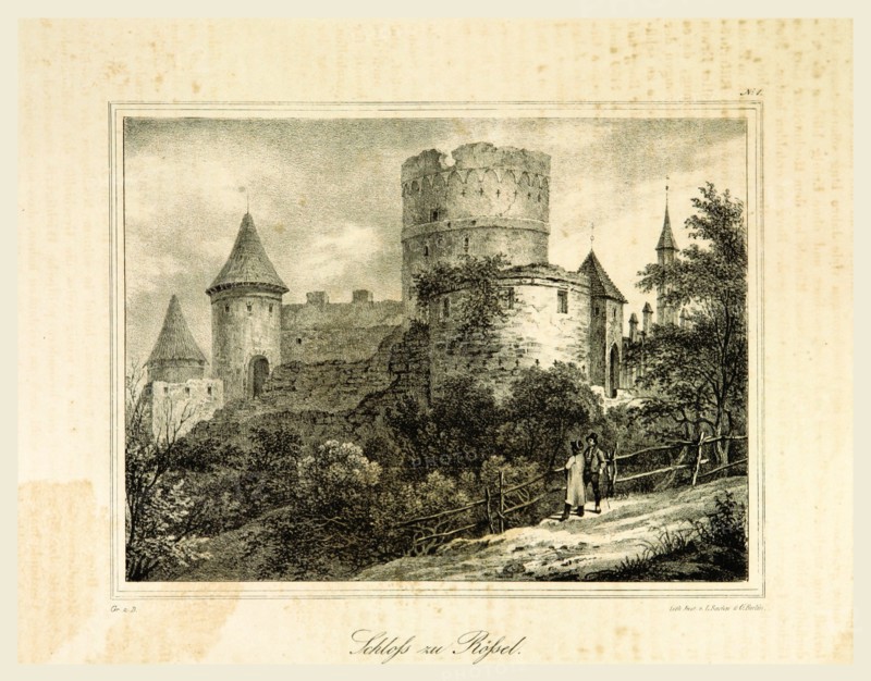 Representations of old Prussian Castles drawn by Countess Dohna, Castle Rofsel, Darstellungen alter preussischer Schlolsser gezeichnet von Frau Grafin zu Dohna, 19th century engraving