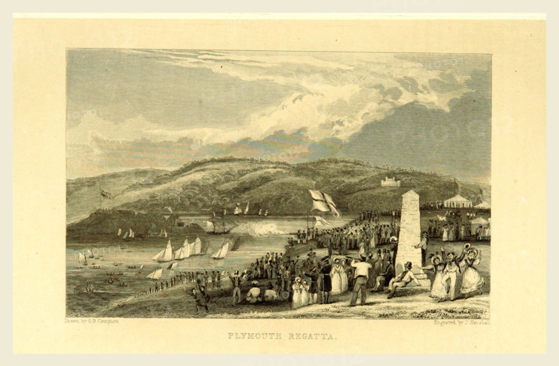 The Picturesque Beauties of Devonshire, Plymouth Regatta, engravings  by G. B. Campion, T. Bartlett, 19th century engraving