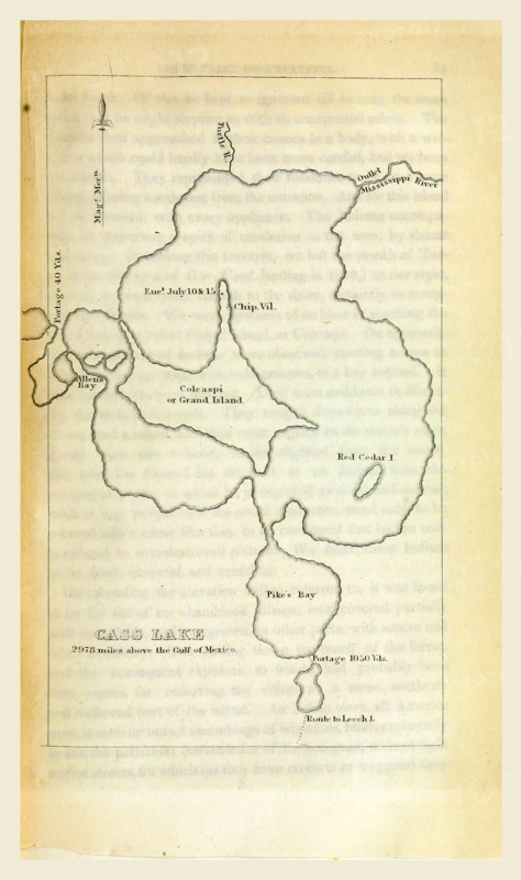 Cass Lake, Narrative of an expedition through the Upper Mississippi to Itasca Lake, the actual source of this river, embracing an exploratory trip through the St. Croix and Burntwood (or Broule) Rivers in 1832, etc, 19th century engraving