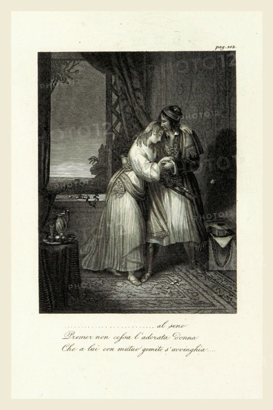 Poemi di Giorgio Lord Byron, recati in italiano da Giuseppe Nicolini. The Bride of Abydos, Parisina, The Corsair, Lara, 19th century engraving