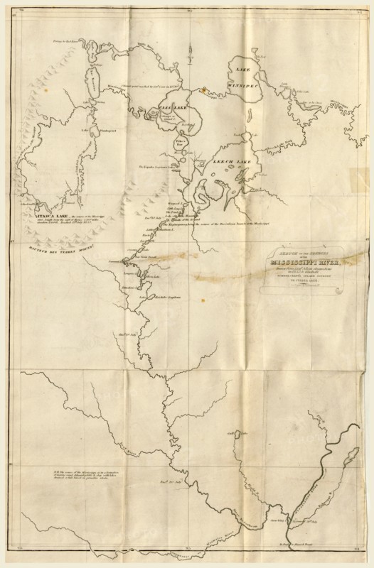 Map the Upper Mississippi to Itasca Lake, the actual source of this river, 1832, etc, 19th century engraving